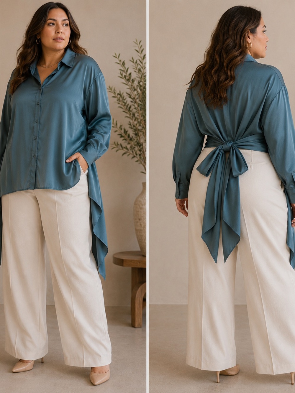 Ryegrass 2X Teal Satin Tie Back Blouse Oversized Silky Button Front Top